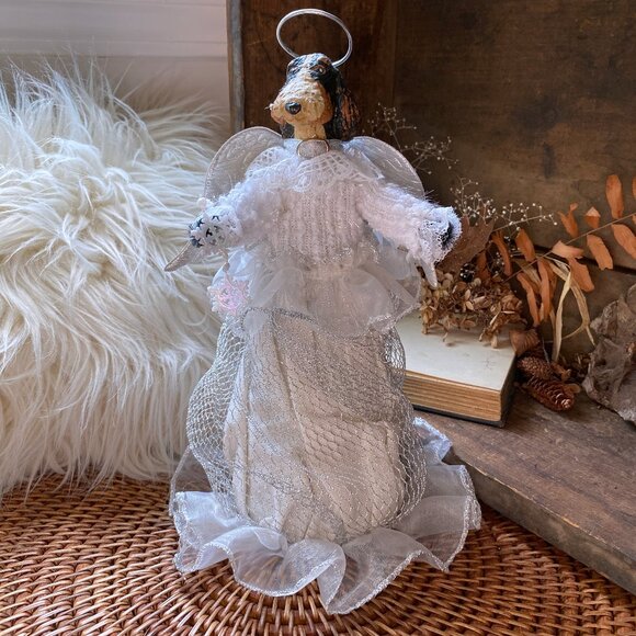 Vintage Dog Angel Christmas Tree Topper Hound Spaniel in Sweater Silver Wings - Picture 1 of 7